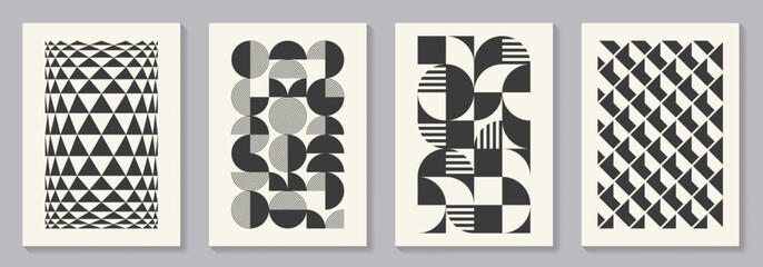 Retro set of black and white geometric vector pattern minimal posters with 20s geometric design. Trendy bauhaus pattern background for cover design, poster and interior.
