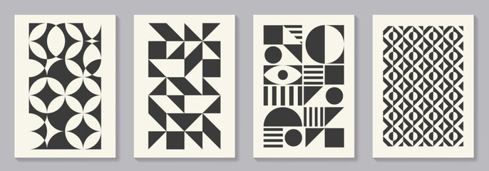 Retro set of black and white geometric vector pattern minimal posters with 20s geometric design. Trendy bauhaus pattern background for cover design, poster and interior.