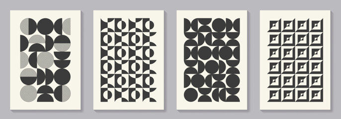 Retro set of black and white geometric vector pattern minimal posters with 20s geometric design. Trendy bauhaus pattern background for cover design, poster and interior.