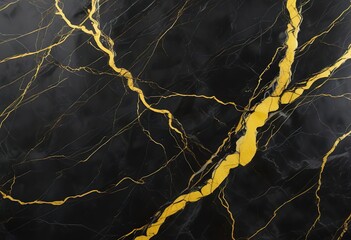 Black marble with bright yellow veins running through, dark colors with yellow highlights, natural stone pictures