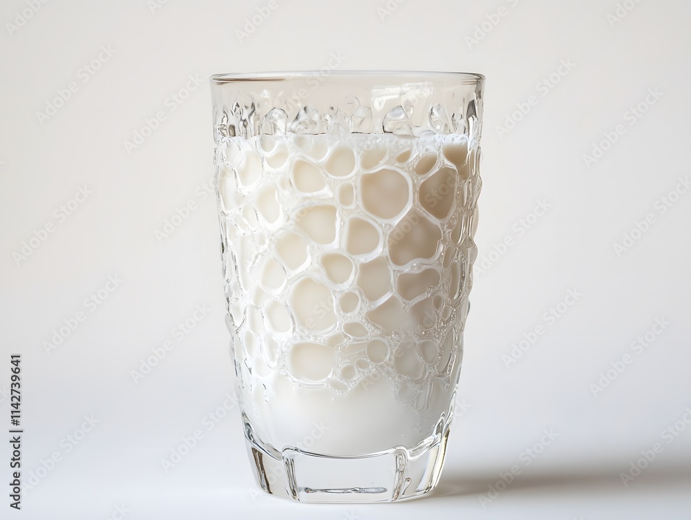 Poster clear glass with intricate bubble design filled with creamy liquid, showcasing a smooth texture and 