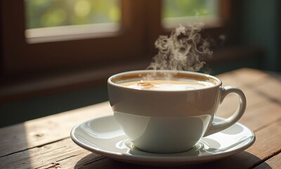 Coffee cup steaming hot frothy surface white ceramic