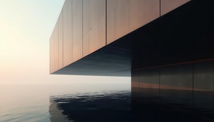 Obraz premium Modern architectural design with cantilevered concrete and metal structure over water under cloudy sky