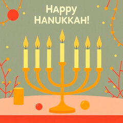 High-angle perspective illustration of a Menorah with nine lit candles in a festive setting. Happy Hanukkah greeting. Bright lens flare, elevated viewpoint, light streaks, vibrant colors.