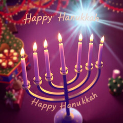 High-angle perspective illustration of a Menorah with nine lit candles in a festive setting. Happy Hanukkah greeting. Bright lens flare, elevated viewpoint, light streaks, vibrant colors.