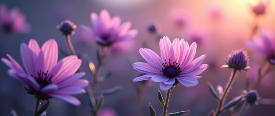 Close up of purple flowers in diffused light