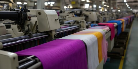 Textile factory spinning colorful yarns on looms, vibrant hues stretching along rows of machinery.