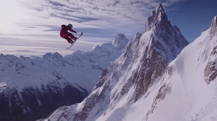A snowboarder performs an aerial jump against a backdrop of majestic snow-covered mountains.
