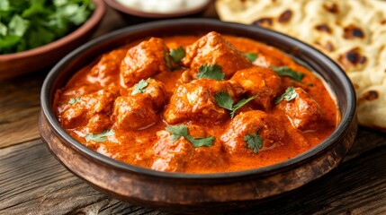 Warm Butter Chicken with Naan on Rustic Wooden Table