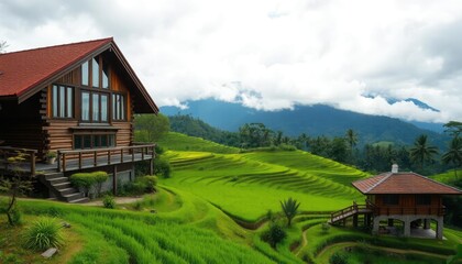 Fototapeta premium wooden house with a terrace, green terraces, and a forest in the background