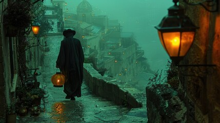 A cloaked figure walks down a misty street illuminated by lanterns in a mystical setting.