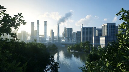 Industrial Cityscape at Dawn: A River Runs Through It