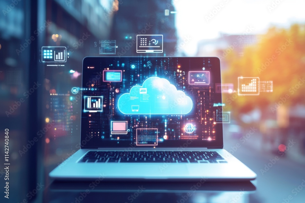Poster a laptop with cloud icons floating above it, surrounded by digital symbols representing various onli