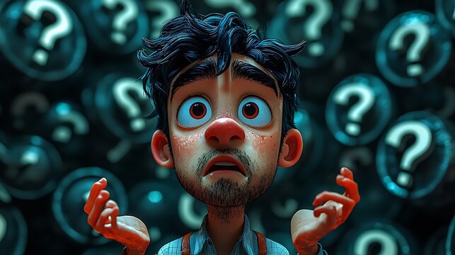 A 3D male character with a confused expression, one eyebrow raised, mouth slightly open, and his hands raised in a "what&rsquo;s going on?" gesture. The background shows swirling question marks. 
