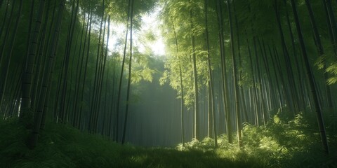 Tall, dense bamboo stalks create a tranquil and peaceful atmosphere in the early morning light.