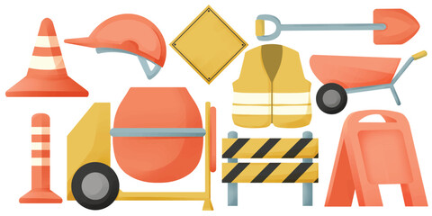 set of construction equipment vector illustrations. fun and playful concept. job, tools, building, workers, safety, city, renovation and restoration themes