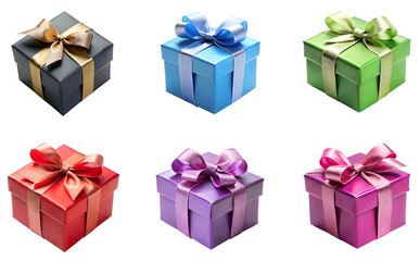 Collection set of colorful gift boxes with bow ribbons isolated on transparent background, Christmas, birthday, anniversary or Valentine's, holiday decor 04