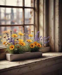 Fototapeta premium Close-up of weathered windowsill decorated with dried flowers and thermometer, floral decor, vintage home, rustic charm, weather gauge