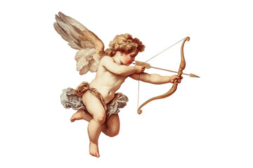 Vintage style cupid or cherub shooting an arrow with a bow, love angel, Valentine's day or wedding illustration isolated on transparent or white background, png file