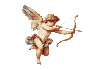 Vintage style cupid or cherub shooting an arrow with a bow, love angel, Valentine's day or wedding illustration isolated on transparent or white background, png file