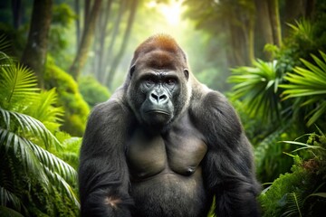 Obraz premium Majestic Silverback Gorilla, Powerful Male Western Lowland Gorilla, Wildlife Photography, Primate Portrait, Endangered Species, African Rainforest