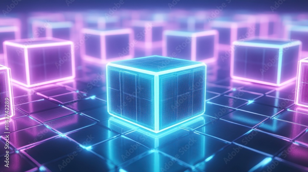 Poster abstract futuristic digital rendering featuring glowing neon cubes in shades of blue and pink. the c