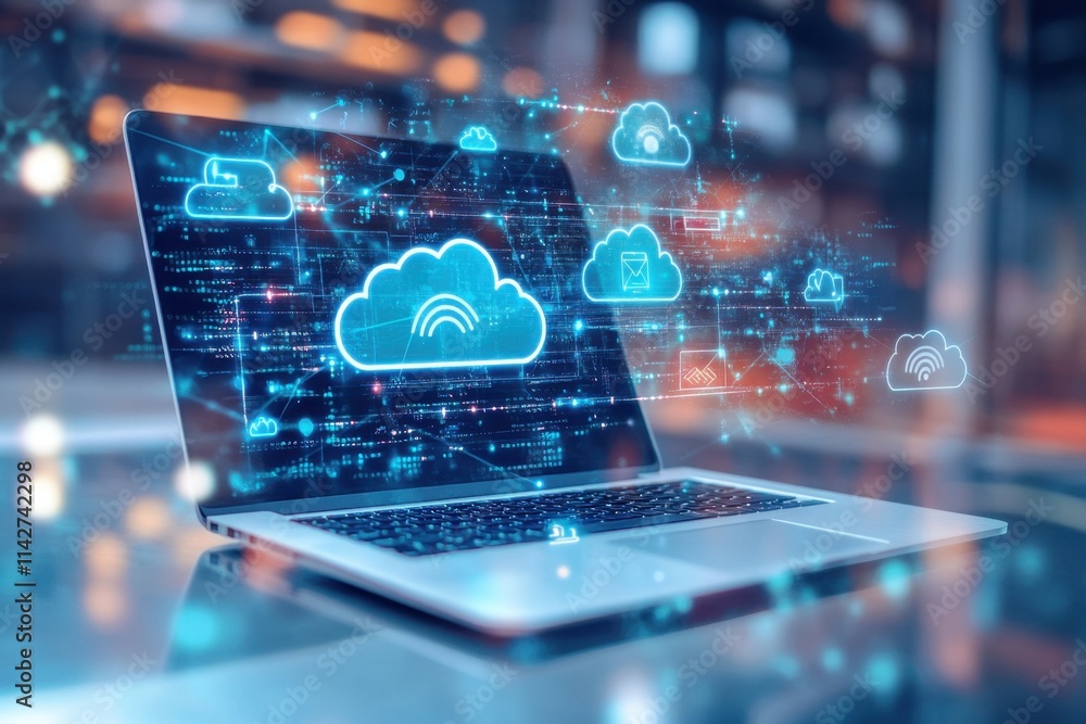Poster a laptop with cloud technology icons floating above it, surrounded by digital connections and data s