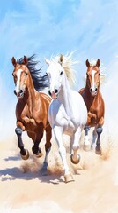 Majestic Horses Galloping Gracefully Across Golden Sandy Terrain Under Bright Blue Sky Capturing the Spirit of Freedom and Natural Beauty Outdoors