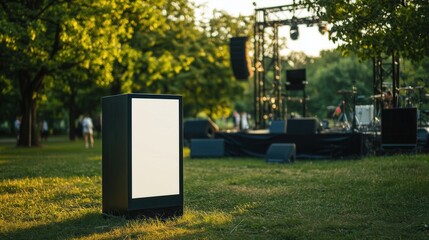 Outdoor park concert with blank billboard in foreground during sunset, mockup concept