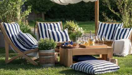 Outdoor furniture made of wood and striped fabric, set up on the lawn with wine glasses, potted plants
