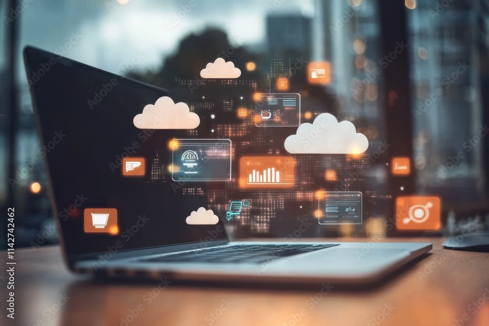 Poster a laptop with cloud icons floating above it, surrounded by digital symbols representing various onli