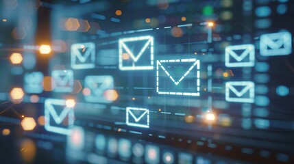 Close-up of neatly organized inbox on digital screen with blurred email icons and folders, symbolizing efficient email storage and management.
