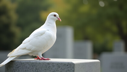 White dove perched on a memorial stone in a peaceful cemetery