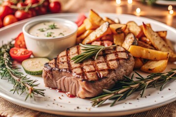 still life of a delectable meal, grilled steak, served with a side of roasted vegetables and crispy fries