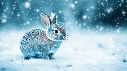 A cute rabbit sits in a snowy landscape, surrounded by falling snowflakes, capturing a serene winter scene.