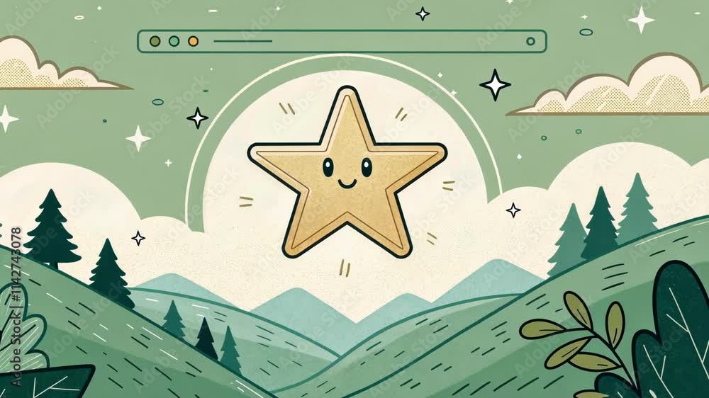Poster mellow vibes a calming web interface showcasing green and beige tones. the favorites star floats up 