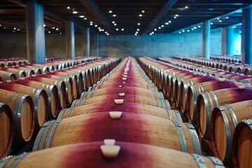 Rows of wooden barrels aged to perfection in a dimly lit wine cellar at dusk