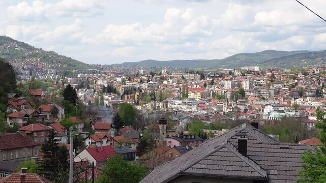 Aerial panorama view of downtown Sarajevo Bosnia seen from Mount Trebevic Hike