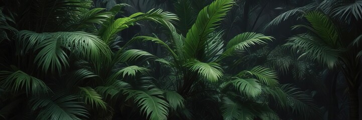 Dense foliage of green palm leaves in a tropical jungle garden against a dark background , foliage arrangement, garden scene