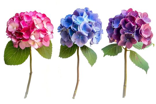 Collection of blue and pink hydrangea flowers isolated on white background