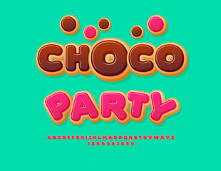 Vector sweet banner Choco Party. Delicious Donut Font. Tasty Alphabet Letters and Numbers set.