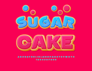 Vector delicious advertisement Sugar Cake. Tasty Cake Font. Sweet Alphabet Letters and Numbers set.