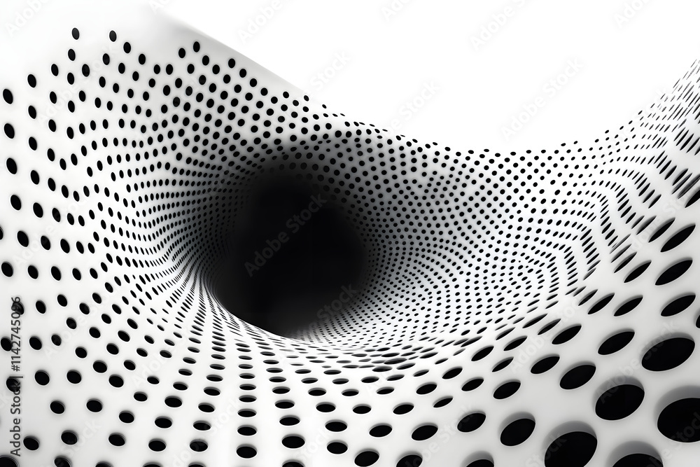 Poster abstract wave of black and white dot pattern forming a dynamic curved shape, conveying a sense of mo