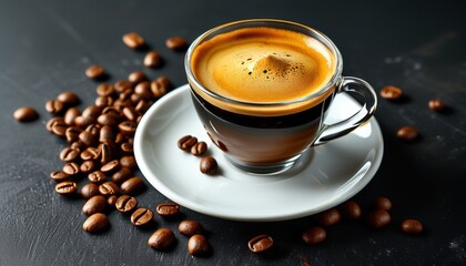 Top view of vibrant espresso with coffee beans on dark background