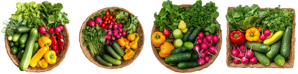 Set of wicker basket with organic vegetables isolated on transparent background