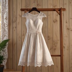 Elegant lace dress displayed on wooden hanger, sophisticated, fancy clothing