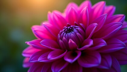 Vibrant magenta dahlia in full bloom against a soft, blurred background with gentle sunlight peeking in, creating a serene and enchanting atmosphere.