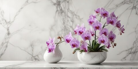 elegant watercolor orchid arrangement on a marble background, exotic elements, orchids, sophisticated decor