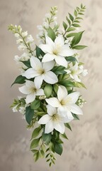 Elegant watercolor jasmine bouquet with realistic white blossoms and green leaves, realistic, elegant, bouquet, watercolor