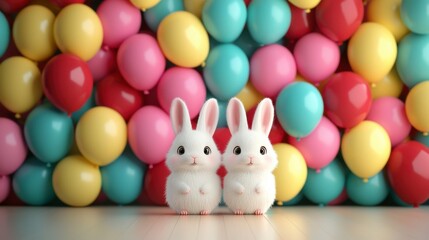 Cute toy rabbits in front of a colorful backdrop of pastel eggs. Perfect for Easter celebrations and spring-themed decorations.